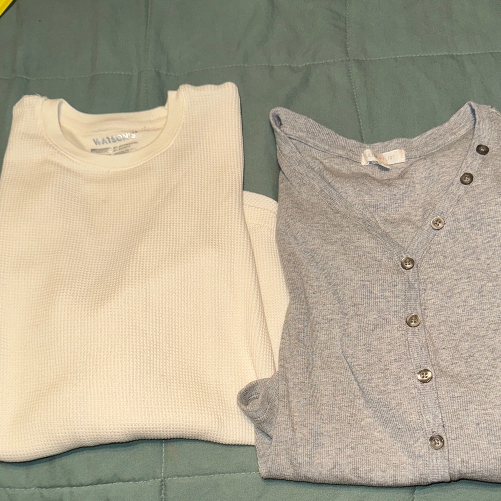 White Waffle Knit Top and Gray Button-Up Cardigan